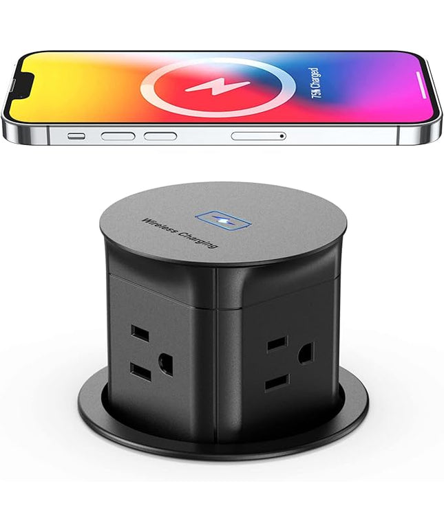 Jgstkcity Pop Up Outlet with 15W Wireless Charger,4 Outlets 15A, Splash Resistant,3 inch Desk Hole Power Grommet,Space Saver Outlet for Kitchen Countertop,Office Conference Table,ETL Listed (Black)