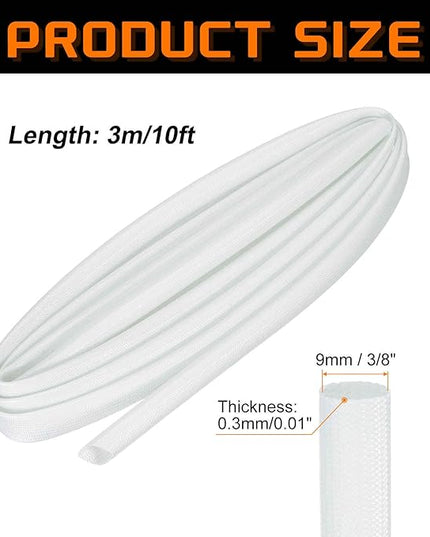 MECCANIXITY 10ft Braided Cable Sleeve, 3/8" ID 200C High Temperature 1500V Fiberglass Wire Insulation Cord Protector Organizer Wires Management for Motor Engine Fuel Line, White
