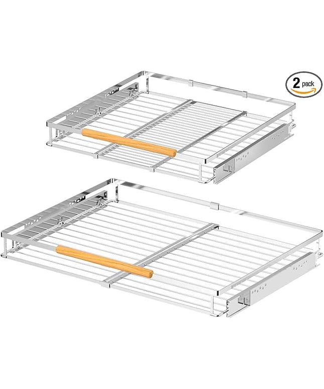 Pull Out Cabinet Organizers,Expandable Cabinet Wire Shelf,Slide Out Kitchen Drawers,D:17” x W:16”-26”,2 Packs of Stainless Steel Gliding Cupboard Shelves for Home Kitchen Pantry Cupboard Pots Pans