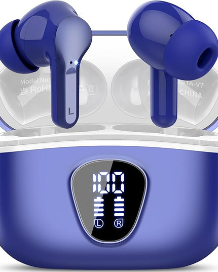 Wireless Earbuds, Bluetooth 5.4 Headphones HiFi Stereo, Bluetooth Earbuds with ENC Noise Cancelling Mic, IP7 Waterproof in Ear Earphones, 48H, LED Display Ear buds for Pad Workout Sports, Blue
