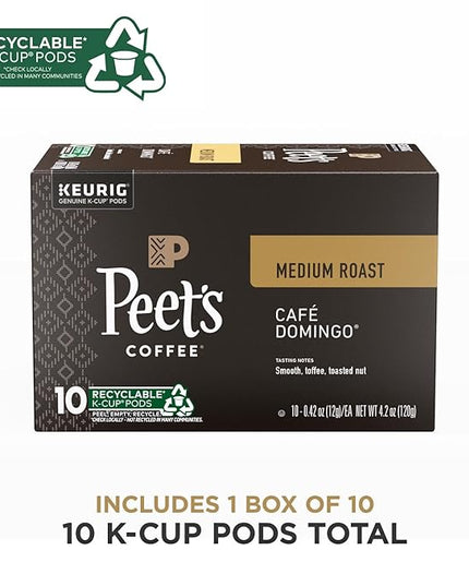 Peet's Coffee, Medium Roast Keurig K-Cup Pods, 100% Arabica Coffee - Cafe Domingo 10 Count (1 Box of 10 Pods)