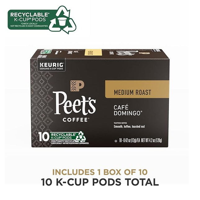 Peet's Coffee, Medium Roast Keurig K-Cup Pods, 100% Arabica Coffee - Cafe Domingo 10 Count (1 Box of 10 Pods)