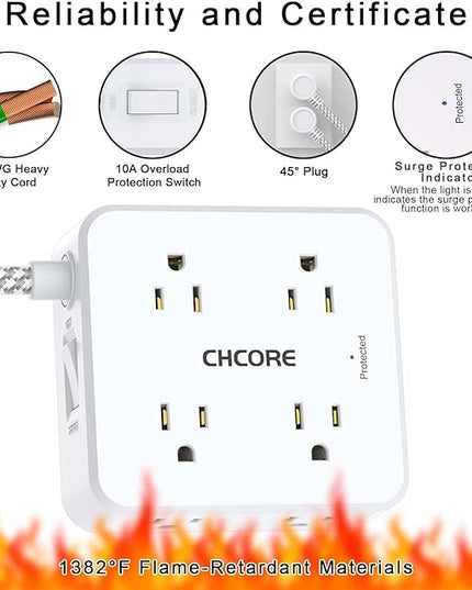 5Ft Flat Plug Braided Extension Cord - CHCORE Surge Protector Power Strip with 8 Outlets and 2 USB-C (PD 30W) Fast Charging Ports and 2 USB-A Ports for Home, Office, Dorm Room Essentials, ETL, White
