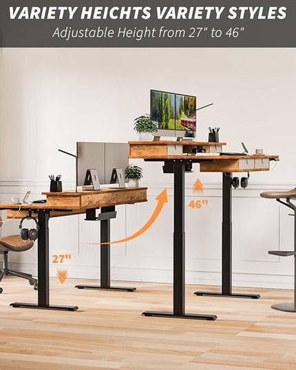 Kingant Standing Desk with Drawers & USB Charging Port, 63" x 30" Height Adjustable Home Office & Gaming Desk, Sit Stand Desk with Built-in Storage Shelf, Hook & Ergonomic Design(Light Rustic)