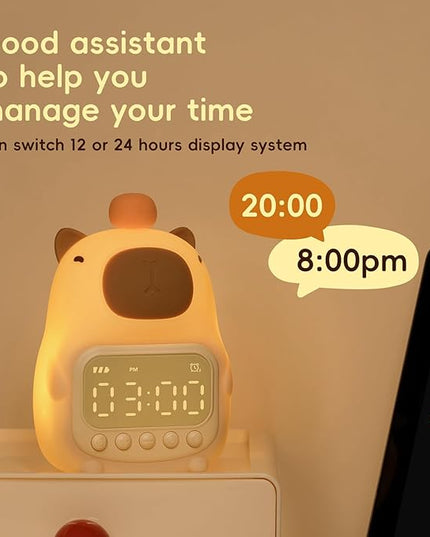 Capybara Alarm Clock with Night Light for Kids, Cute Toddler Alarm Clocks for Bedrooms Ok to Wake Clocks for Girls and Boys, Silicone Animal Tabletop Lamp for Kid, RGB Color