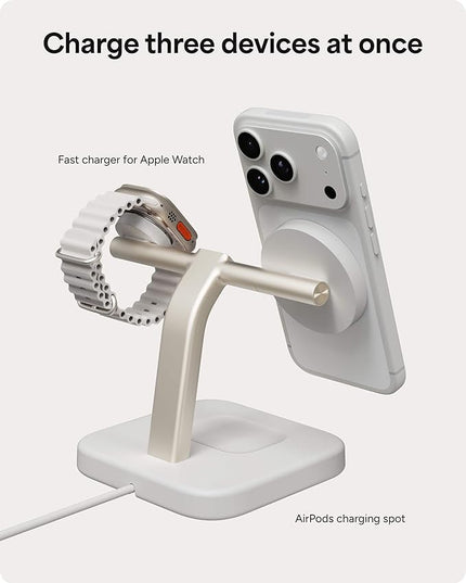 Mophie 3-in-1 Wireless Charging Stand - Qi2-Certified, MagSafe Charger for iPhone, Apple Watch & AirPods – Fast Charging Station with Adjustable Phone Stand & Cable Management – Up to 15W Power, White