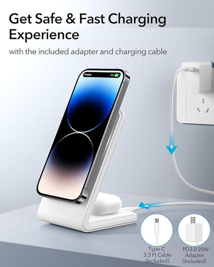 2-in-1 for Magsafe-Compatible Charger Stand with PD 20W USB-C Charger Block & Cable, Fast Charging Wireless Charger Designed for iPhone 17 Pro Max/16/15/14/13/12, AirPods 4/3/Pro 3/Pro 2/Pro, White