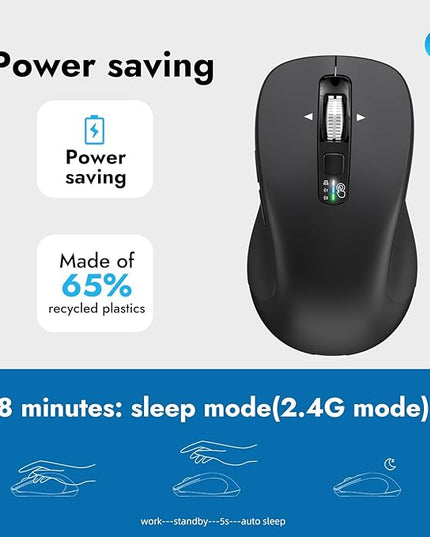 Wireless Bluetooth Mouse (USB + BT1 + BT2), Full Size, 4-Way Scrolling, Multi-Device Silent Mouse for Computer, Laptop, iPad, MacBook (Black)