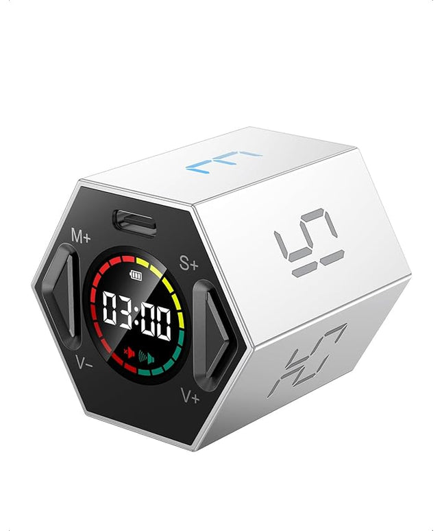 Ticktime Pomodoro Timer, Productivity Timer Cube, 3/5/10/15/25/30 Min Presets, Custom Countdown & Stopwatch 1s–99m59s, Sound/Vibration/Silent, Magnetic, Rechargeable, for ADHD Study Work, Gray