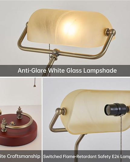 Bankers Lamp, Traditional White Desk Lamp with Solid Birch Wood Base, White Glass Antique Library Lamp with Pull Chain Switch, Plug in Vintage Bankers Desk Lamp for Office, Study Room 【E26 Socket】