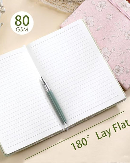 A5 Notebook, Ruled Paper, Lined Page, Hardcover, Layflat, Linen Cover, Flower Fabric, Journal for Women, Elastic Band Closure, Cute Notebooks for School, Office, Personal Writing, Green