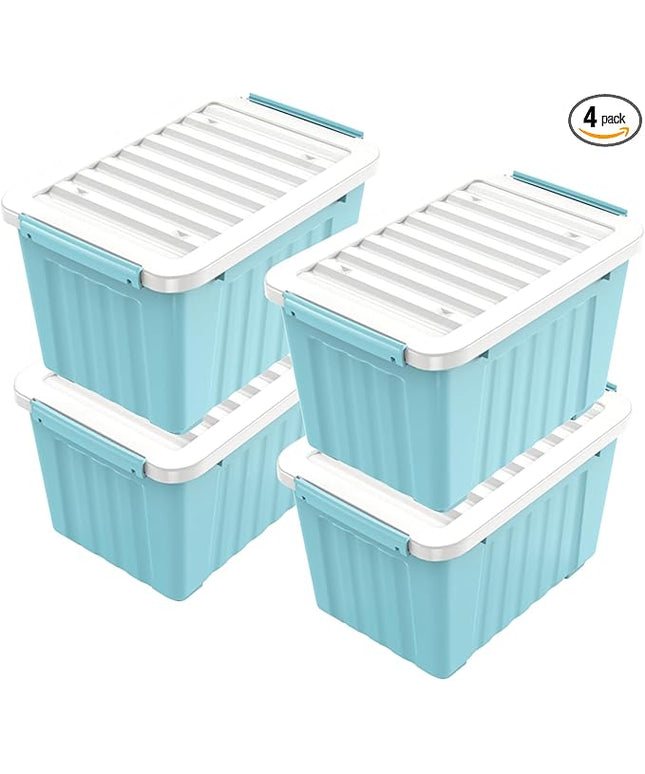 Nazhura 97 Quart Plastic Storage Bin, Blue Stackable and Nestable Storage Boxes with White Lids and Secure Latching Buckles, Large Storage Container, 97 Qt-4 Pack (Blue, 97Quart-4Pack)