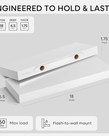 Homeforia White Floating Shelf 18 inch, High End Solid Real Wood 18inch Bathroom Floating Shelves for Wall Mounted, White Wooden 18in Floating Shelves, Heavy Duty Bracket, 18 X 6.5 X 1.75 in, Set of 3