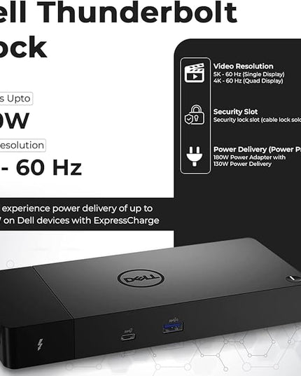 Dell WD22TB4 Thunderbolt 4 Dock - 1 Year Warranty, 40Gbps USB-C/USB A, Dell Docking Station w/ 180W Adapter, HDMI, DisplayPort, USB-C Cables - Supports 4K Displays & Upto 3 Monitors (Renewed)