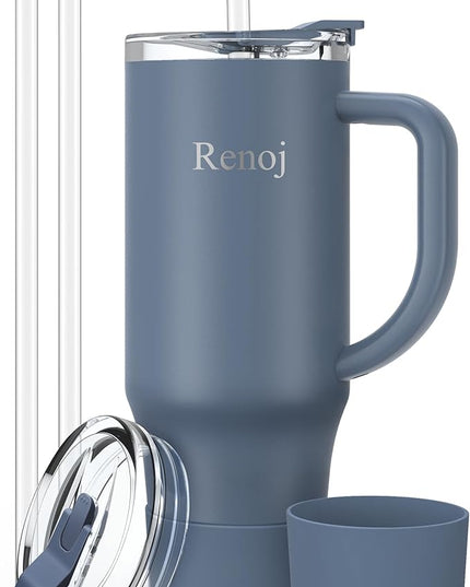 Renoj Tumbler with Handle 100% Leak Proof Insulated Water Bottle for Iced Coffee & Hot Drinks - Fits Car Cup Holder, Ideal Gift, 2 Straws & Silicone Boot BPA-Free - SnapShift Navy Blue 32 oz