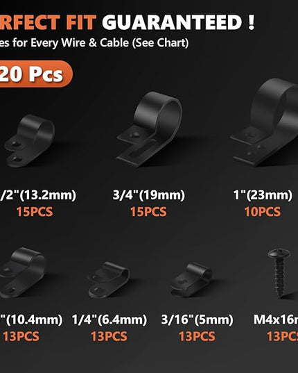 320PCS Black R Cable Clips-6 Sizes 3/16''1/4'' 3/8''1/2''3/4''1''-Premium PA66 Nylon | High Temp Resistant | Durable Wire Management Clamps Assortment Kit with Screws for Organizing Wires Cords