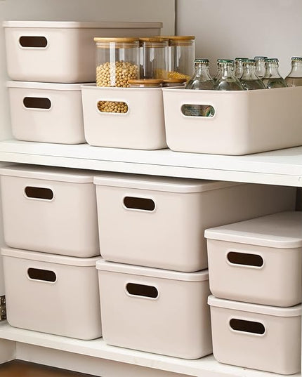 Plastic Storage Baskets With Lid Organizing Container Lidded Knit Storage Organizer Bins for Shelves Drawers Desktop Closet Playroom Classroom Office (4M+2S, Light grey)