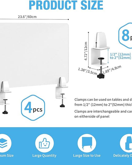 Desk Divider 4 Pcs Desk Privacy Panel 23.6''L x 15.8W'' Office Partitions Frosted Acrylic Panel Pack of 4 Desk Divider Partition with Adjustable Universal Base