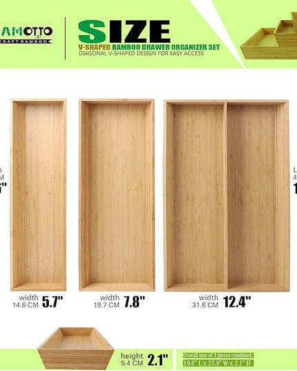 V-Shaped Bamboo Drawer Organizer Set of 3, Kitchen Large and Long Utensil Plate, Flatware & Silverware Storage Box, Wood Drawer Organizer for Bedroom, Living Room (19.6"x5.7" & 7.8" & 12.4")