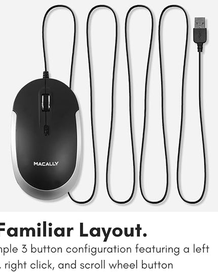 Macally Silent Wired Mouse - Slim & Compact USB Mouse for Apple Mac or Windows PC Laptop/Desktop - Designed with Optical Sensor & DPI Switch - Simple & Comfortable Wired Computer Mice (Space Gray)