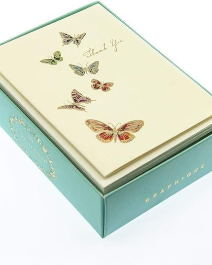 Graphique Butterflies La Petite Presse Boxed Thank You Notes - 10 Cards with Matching Envelopes and Storage Box, 3.25" x 4.75"