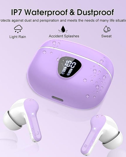 Wireless Earbuds, Bluetooth 5.4 Headphones HiFi Stereo, Bluetooth Earbuds with ENC Noise Cancelling Mic,IP7 Waterproof in Ear Earphones, 48H, LED Display Ear buds for Pad Phones Workout Sports, Purple