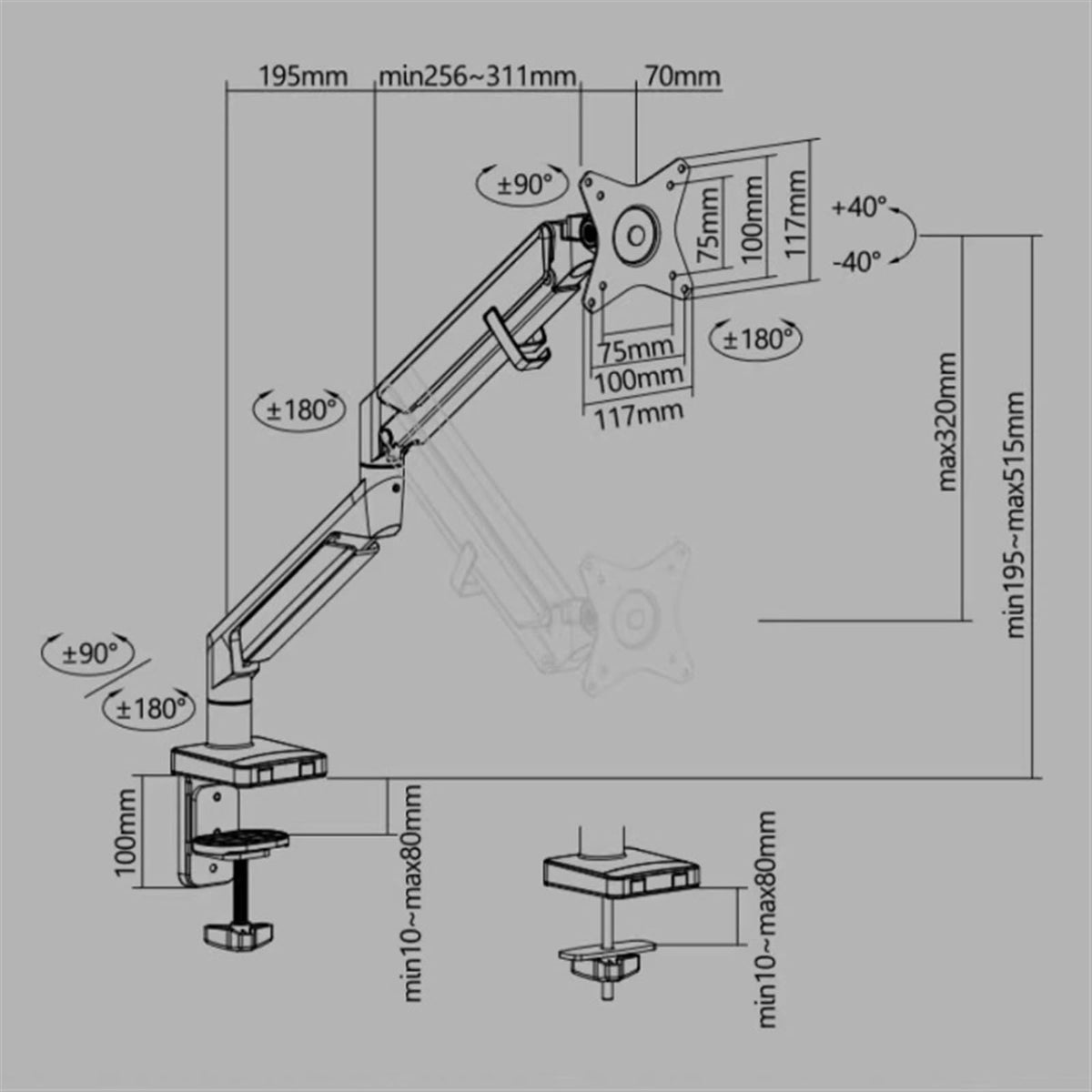 Monitor Arm Single Monitor Desk Mount for 17-32 Inch Screens, Ergonomic Adjustable Gas Spring Monitor Arm with USB, C-Clamp & Grommet Base, 75/100Mm Monitor Mo,