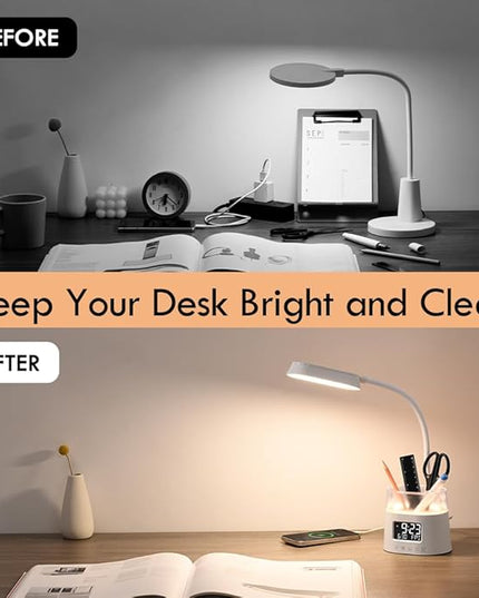 WILIT LED Desk Lamps for Home Office with Pen Holder, Table Lamp for Bedroom with USB Charging Port & Clock, RGB Night Light, Study Lamp for Kids Student, Desk Lamp for College Dorm Room Essentials