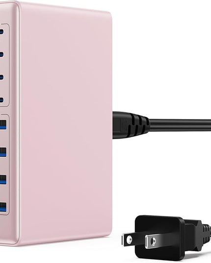 200W USB C Charger Block,GaN IV Charging Station 8 Ports,QC4.0 Fast Charging Station Hub+PD 65W USB C Laptop Charger Adapter Compatible with MacBook Air/Pro,DELL,iPhone 17/16/15,iPad,Steam Deck-Pink