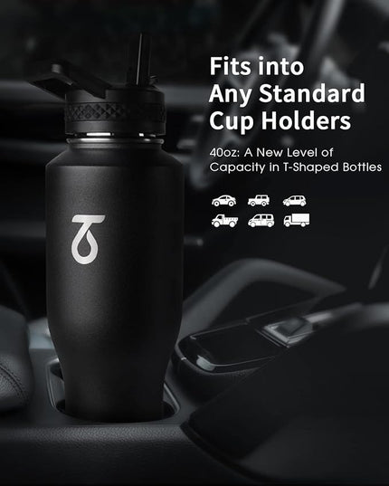 Trebo 40 oz Insulated Water Bottle that Fits in Car Cup Holder,Triple Wall Stainless Steel Water Bottles Insulated,LeakProof,Keep 48 hrs Cold & 24 hrs Hot,Metal Tumbler with Paracord Handle,Straw
