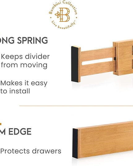 4 Pack Drawer Divider - Bamboo 2.6" High, 12.5-17" Adjustable Drawer Organizers for Clothes, Expandable Dresser Separators in Bedroom, Bathroom, Kitchen, Office Organization and Storage
