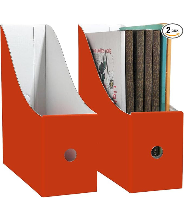Limitliho 2 Pack Cardboard Magazine Storage Boxes, Vertical File Organizer Box for Desk or Shelves, Book Holder for Classroom,Office,Home(Orange-Red, 10.6" H x 10.2" L x 3.5" W in)
