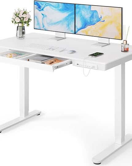 Marsail Standing Desk with Drawer, 48 x 24 inch Whole Piece Tabletop Electric Standing Desk, Height Adjustable Desk with USB Charging Ports, Sit Stand Desk with Storage for Home & Office White