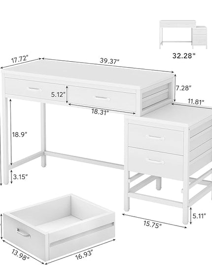 Tribesigns Computer Desk with 5 Drawers, Home Office Desks with Reversible Drawer Cabinet Printer Stand, Industrial PC Desk with Storage, White Study Writing Table Workstation for Small Spaces