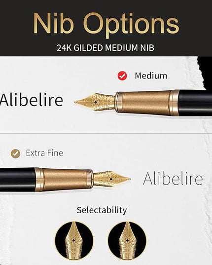 HDDNB Black Luxury Fountain Pen Set for Men and Women with Gift Box, 24K Gold Finish and Gilded Nib(Medium) with 5 Black Ink Cartridges and Converter