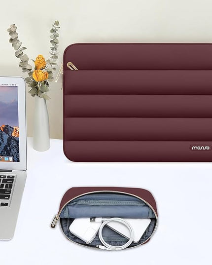 MOSISO 13.3 inch Laptop Case, 13-13.3 inch Puffy Laptop Sleeve Compatible with MacBook Air 13 13.6 M4 M3 M2 M1/Pro 13/Pro 14, HP Dell ASUS Lenovo,Polyester Horizontal Bag with Small Case, Wine Red