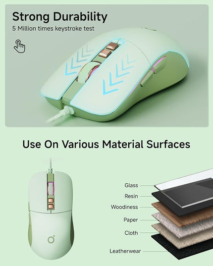 EWEADN G309 Wired Mouse, 7-Button Ergonomic Computer Corded Mouse with 2400 DPI, 4 Adjustment Levels DPI, Optical Office USB Mice with 5FT Cord for Laptop, PC, Desktop, MacBook-Green