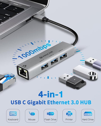 4-in-1 USB 3.0 Hub with Gigabit Ethernet Adapter for Laptop, PC, MacBook Pro (RJ45 TYPEC HUB 01)