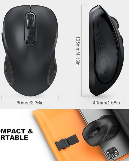 WisFox 2.4G Wireless Mouse for Laptop, Ergonomic Computer Mouse with USB Receiver and Type-C Adapter, 3 Adjustable Levels, 6 Button Cordless Wireless Mice for Windows Mac PC Notebook (Black)