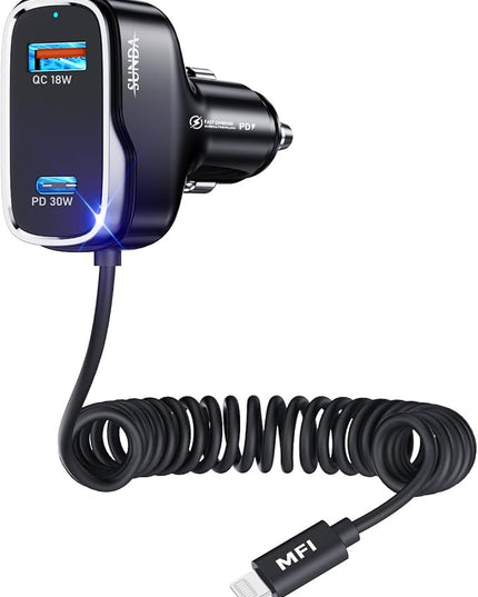 [Apple MFi Certified] iPhone Car Charger, Built-in 5.7FT Lightning Cable for iPhone 17/16/15/14/Max/XR/X/8/7/iPad, 71W 3-Ports PD30W Car Charging Adapter for Samsung Galaxy S25/S24/S23, Google Pixel
