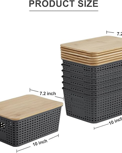 Small Plastic Storage Bins with Bamboo Lids 5.2qt Stackable Box Basket Pantry Decorative Containers Cute with Lable for Organizing Desktop Closet Office Gray of 6 packs 10 * 7.2 * 4.1'’