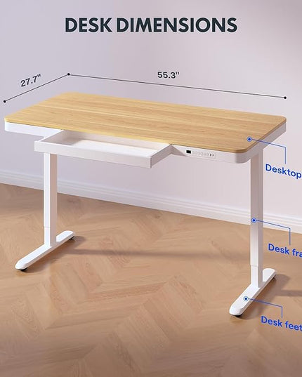 Standing Desk with Drawer, Electric Height Adjustable Home Office Desk with Storage & USB Ports, 55 inch Maple Wood Tabletop/White Frame
