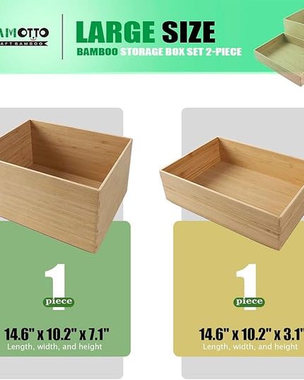 2-Piece Large Bamboo Storage Box Set, 7.1 in High Stackable Deep-Drawer Organizer for Kitchen Cutlery, Utensils & Knives, Lidless Wooden Bin for Homes & Offices (14.6"x10.2"x7.1"+14.6"x10.2"x3.1")