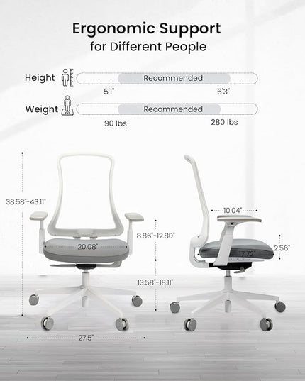 ProtoArc Ergonomic Office Chair - Flexer Desk Chair with Foam Cushion Sliding Seat, Advanced Airflow Mesh, Adjustable Armrest, Swivel Computer Chairs for Home Office - White