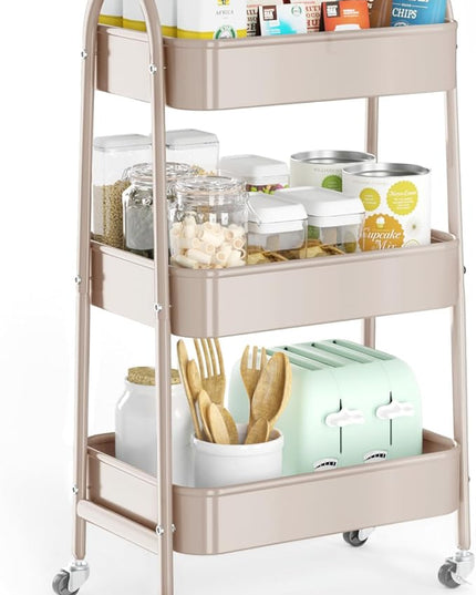 EAGMAK 3 Tier Utility Rolling Cart, Metal Storage Cart with Handle and Lockable Wheels, Multifunctional Storage Organizer Trolley with Mesh Baskets for Kitchen, Living Room, Office, Garage (Beige)