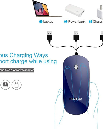 FENIFOX Bluetooth Mouse Slim, Whisper-Quiet Mini Flat Portable Mobile Mice Rechargeable Compatible with Laptop,PC,Android Windows Tablet (Deep Blue)
