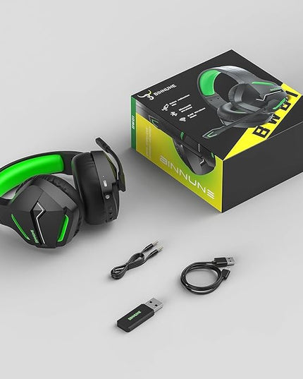BINNUNE 2.4GHz Wireless Gaming Headset, Bluetooth 5.3 Gaming Headphones with Noise Canceling Mic, 120H Ultra-Long Battery, 50mm Drivers, Multi-Platform for PC / PS5 /PS4/ Switch/Mobile, Green