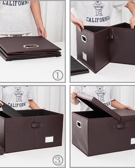 PRANDOM Collapsible Storage Box with Lid [1-Pack] Leather Fabric Foldable Storage Bin Organizer Container Basket Cube with Cover for Home Bedroom Closet Office Nursery Brown (22.8X15.7X11.8)