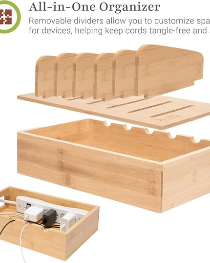 Prosumer's Choice Wooden Charging Station Organizer - 5-Port Base for Phones, Tablets and Laptops - Multi-Device Docking Station with Removable Divider Slots - Cord Box with Cable Management - Bamboo