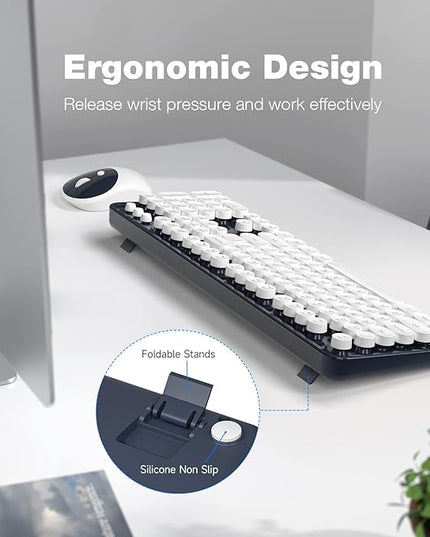 MOFII Wireless Keyboard and Mouse Combo, Computer Full Size 2.4G Plug and Play Wireless Typewriter Retro Round Keyboard and Mouse Set for Windows, Computer, Desktop, PC, Notebook - (Dark Blue)